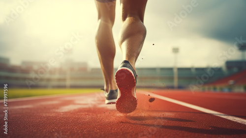 sportsman's feet running on stadium track