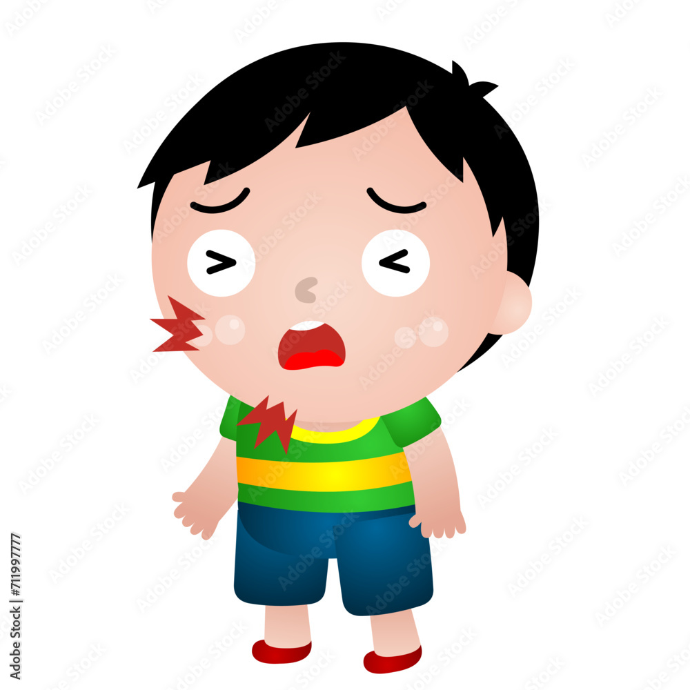 Illustration of a boy in various poses: sick, sick, stomach ache, runny nose Illustration of a boy in various poses: sick, sick, stomach ache, runny nose