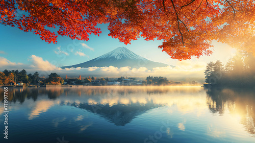 Colorful Autumn Season and Mountain Fuji, morning fog and red leaves at lake Kawaguchiko. © Rattanapon