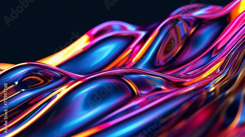 Abstract fluid 3D render holographic iridescent neon curved wave in motion navy background. Gradient design element for banners, backgrounds, wallpapers, and covers.