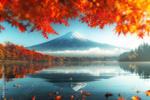 Colorful Autumn Season and Mountain Fuji, morning fog and red leaves at lake Kawaguchiko. © Rattanapon