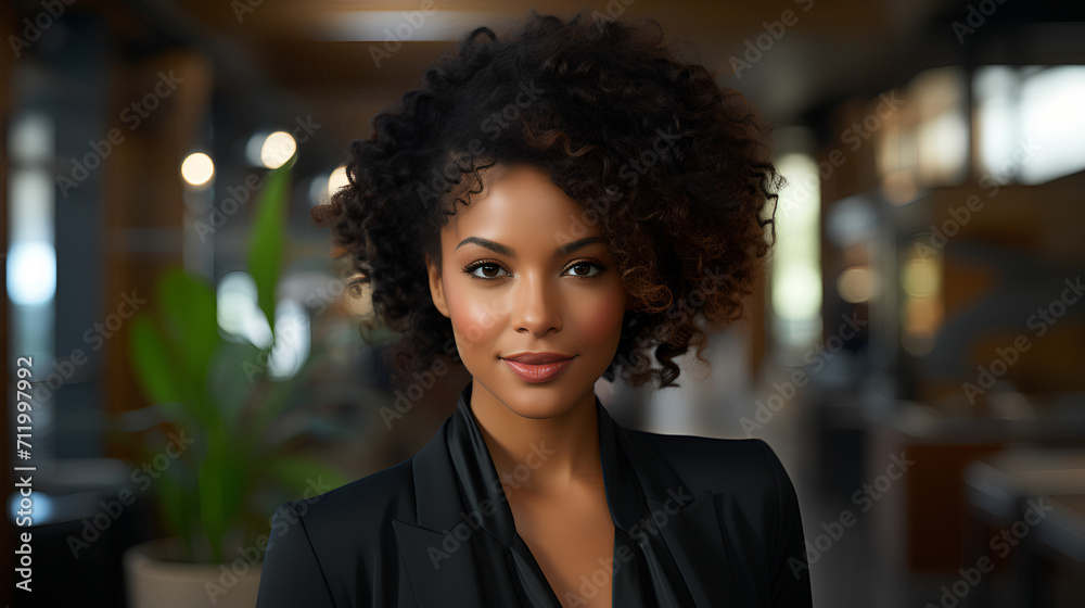 Hyperrealistic close-up photo of an African-American businesswoman - office background - stylish - fashion - project - intense - focused - motivated - dead set on goal
