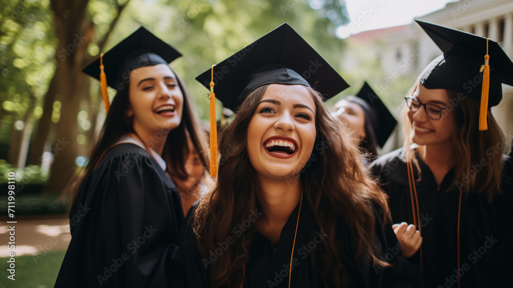 woman in graduation outfit celebrating with her friends woman in graduation outfit celebrating with her friends