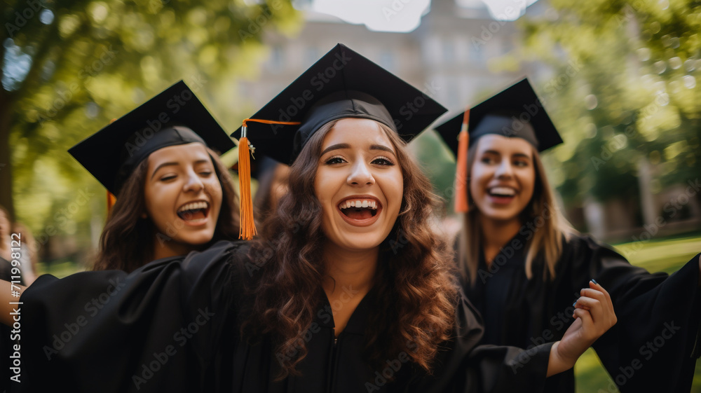 woman in graduation outfit celebrating with her friends woman in graduation outfit celebrating with her friends