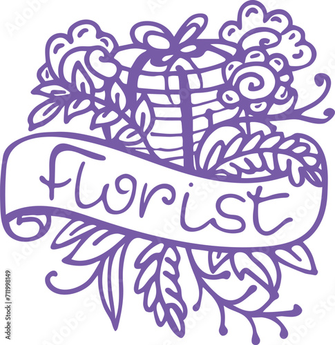 Floral design with the word florist creating floral emblem. Hand-drawn flower...