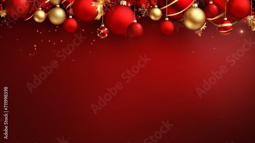 Realistic 3D Christmas Design with Bright Illustration, Fir Branches, and Ornaments on Red Background – Festive Holiday Vector with Copy Space for Text