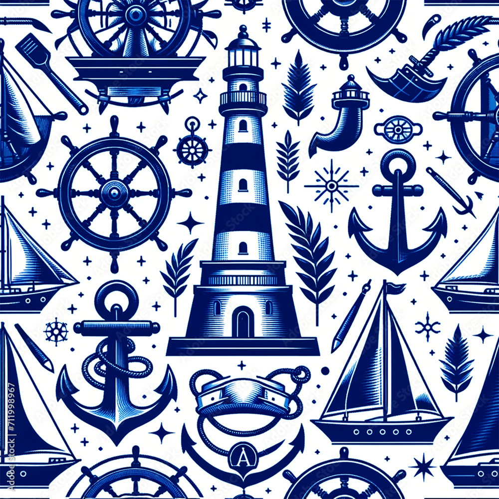 nautical seamless pattern with sailor theme, wheel, lighthouse, anchor, ship