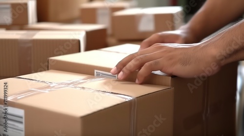 Delivery serviceman while working in a postal service warehouse. Male hands with parcels. Cardboard boxes with parcels from online stores at the post office.