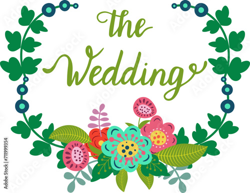 Floral wedding invitation design with colorful flowers and greenery wreath. E...
