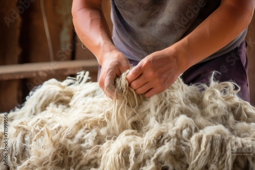 Old man gathers sheared sheep wool from ground on farm yard woven material producing photo