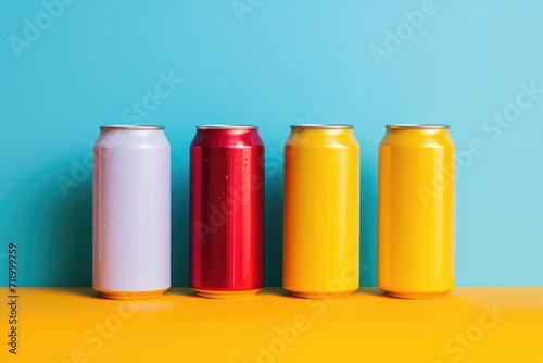 Colourful tin cans on coloured background.