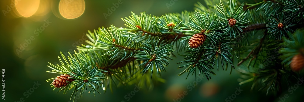 Details of pine needles, showcasing their arrangement and the texture of the tree branch, background image, generative AI