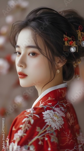 Portrait of young beautiful chinese female wearing traditional chinese clothes, generative AI