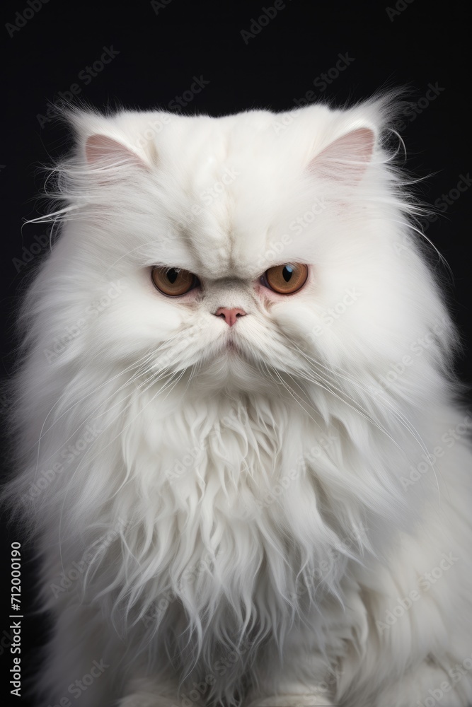 Elegance Portrait of a white Persian cat on black background.