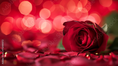 Red rose on bokeh background. Valentine s Day concept.