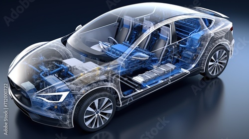 Electric car technical cutaway with all main details of EV system in ghost effect. EV car concept. © Naknakhone