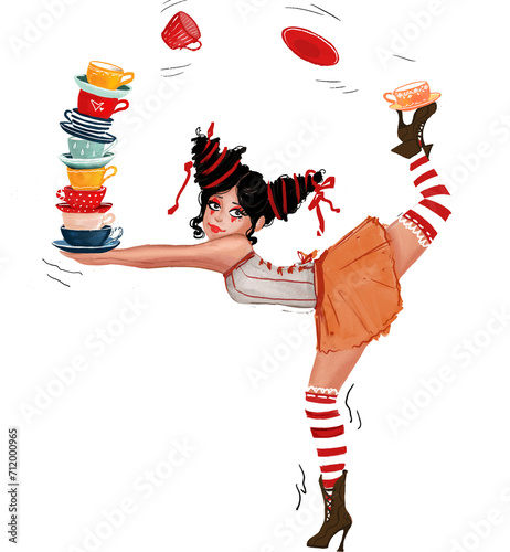 Illustration of a cute circus performer girl balancing multiple cups and saucers
Cute illustration of a circus acrobat girl in red an dwhite knee high socks, a corset and a frilly skirt.  photo