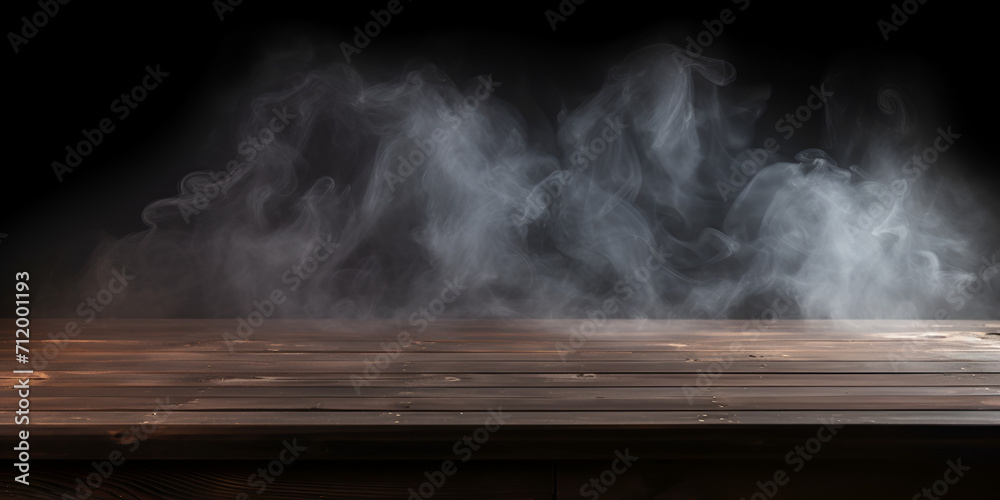 smoke on the roof, A wooden floor with a spotlight and a smoke on it, Wooden plank podium or table in the dark with smoke over it, Smoke on a wooden table in front of a black background, Generative AI