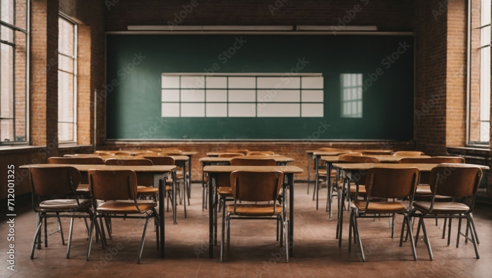 Tranquil View of an Empty Classroom with Neatly Aligned Desks and Chairs