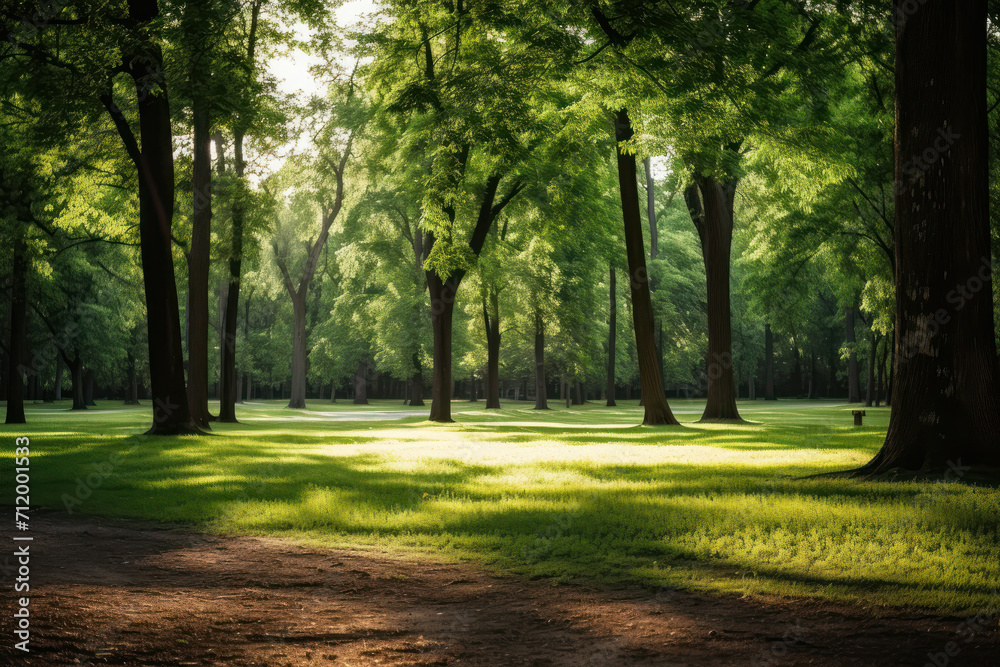 Connect with nature's tranquility in this sun-dappled park featuring green trees and a serene atmosphere that evokes peace. AI generative.