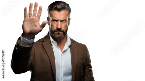 Serious man raise his palm with sign stop on white background, copy space