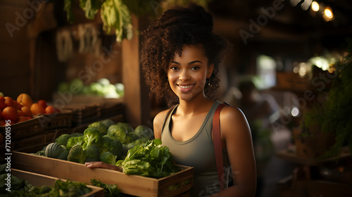 Happy Hispanic woman selling vegetables and vegetables. Generative AI