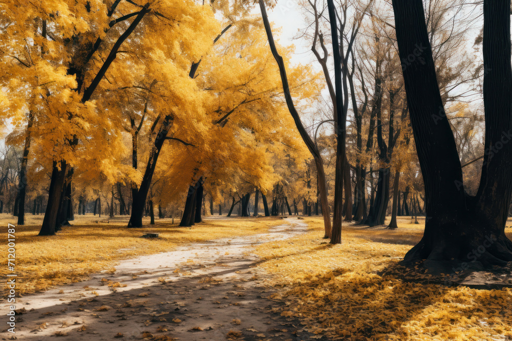 Naklejka premium Immerse yourself in the picturesque beauty of autumn where a bright yellow leafy carpet covers the ground in a park and trees are bathed in sunlight. AI generative.