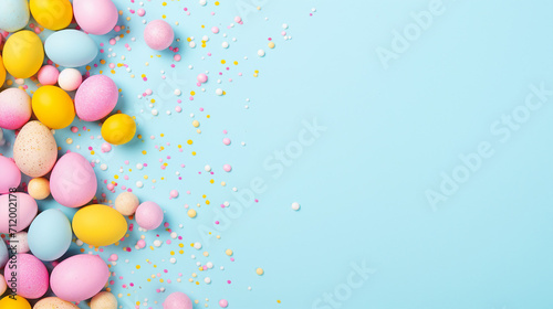 Easter Decor Concept: Top View Photo of Yellow, Pink, Blue Easter Eggs and Sprinkles on Isolated Pastel Blue Background with Blank Space – Festive Celebration and Traditional Decoration in Vibrant