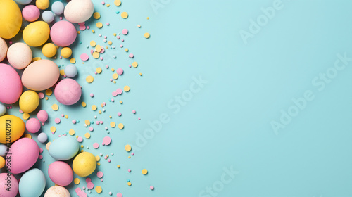 Easter Decor Concept: Top View Photo of Yellow, Pink, Blue Easter Eggs and Sprinkles on Isolated Pastel Blue Background with Blank Space – Festive Celebration and Traditional Decoration in Vibrant