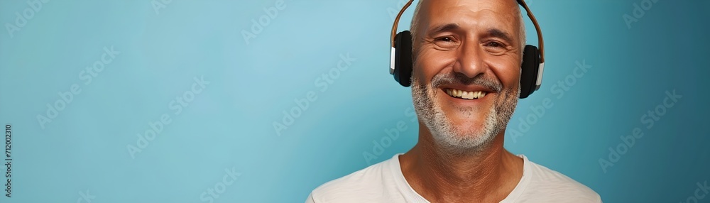 Obraz premium Portrait of a white middle-aged male smiling while wearing wireless headphones against pastel blue background, generative AI