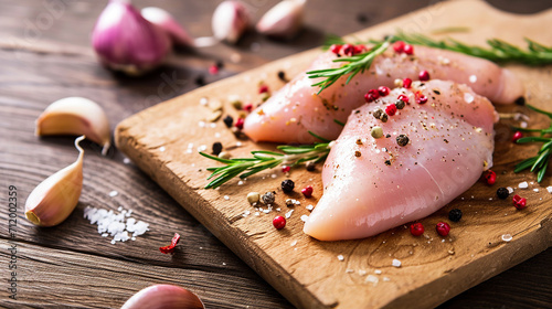 Raw chicken fillet with garlic pepper and rosemary