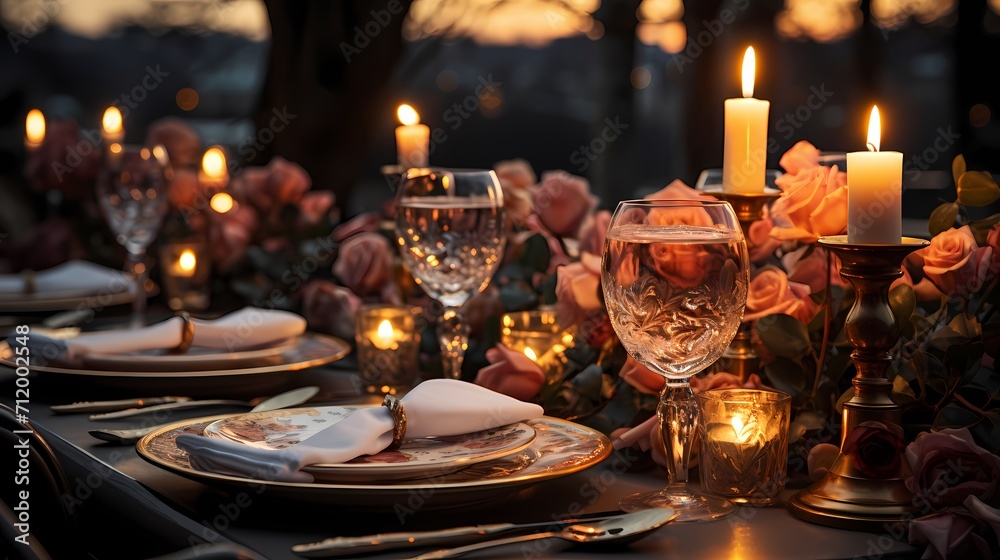 A beautifully set dining table with elegant tableware, personalized place cards, and decorative centerpieces. The table is bathed in soft candlelight, creating a warm and inviting atmosphere