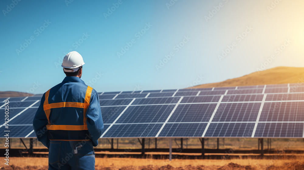 Engineer looking a solar panel. Engineer in uniform outdoor in the solar energy park, to develop an electrical system. with copy space Engineer looking a solar panel. Engineer in uniform outdoor in the solar energy park, to develop an electrical system. with copy space