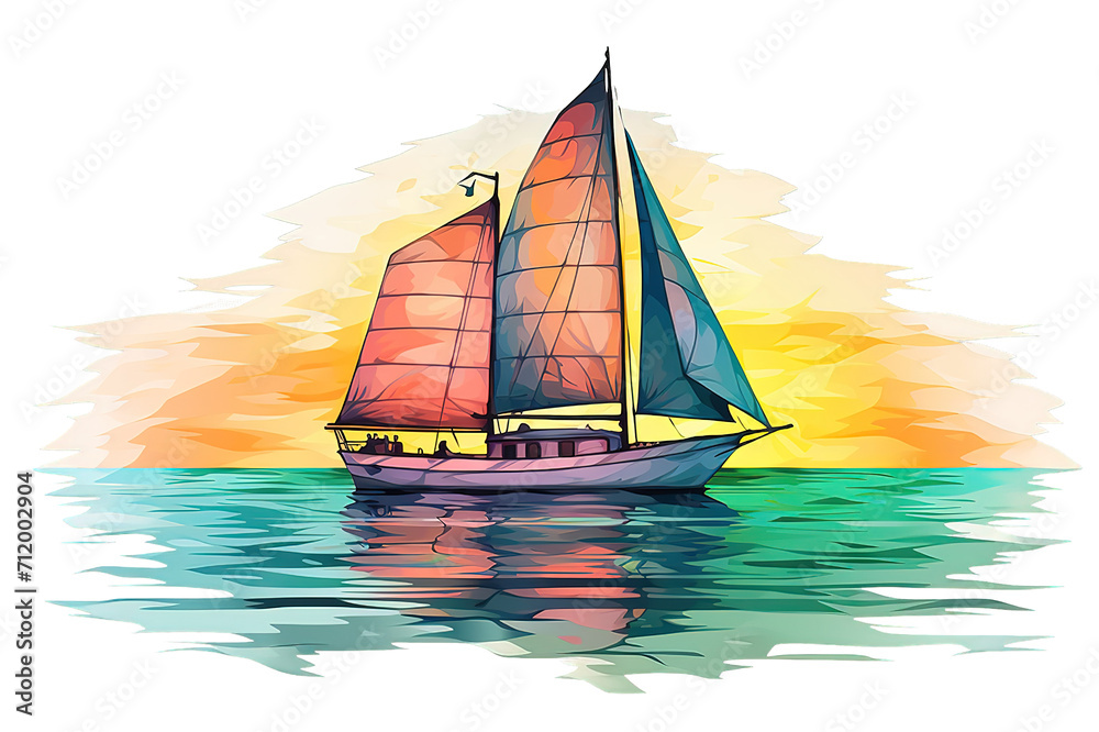 boat sailing on a calm ocean with a blue sky and white clouds isolated on a Transparent background. Generative AI