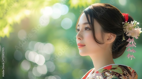 Portrait of young beautiful japanese female wearing traditional japanese clothes, generative AI
