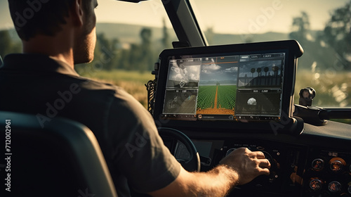 farmer male driving tractor uses smart display touch screen