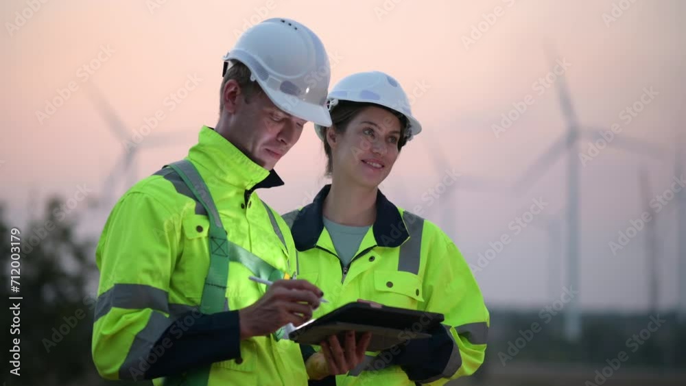 Engineers working and using tablet on site in wind turbine farm, Wind turbines generate clean energy source, Eco technology for electric, industry environment Engineers working and using tablet on site in wind turbine farm, Wind turbines generate clean energy source, Eco technology for electric, industry environment