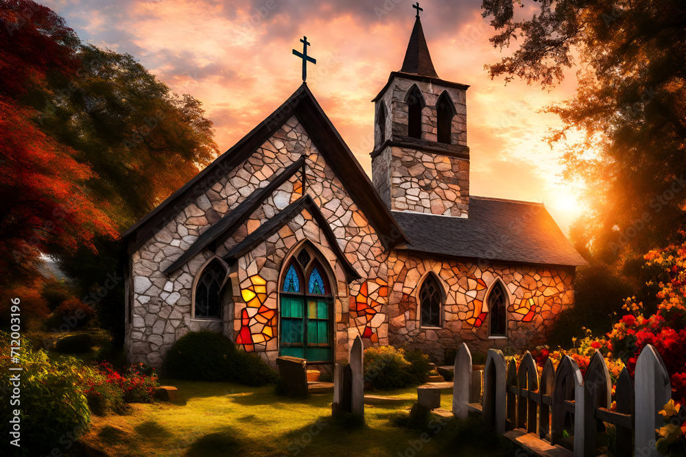   A traditional  Church in country setting garden ,sunset view, architecture masterpiece ,sunset, sun light , flowers, tree, , traditional structure, serene landscape, sunlit ambiance.