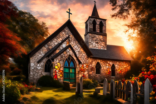   A traditional  Church in country setting garden ,sunset view, architecture masterpiece ,sunset, sun light , flowers, tree, , traditional structure, serene landscape, sunlit ambiance.