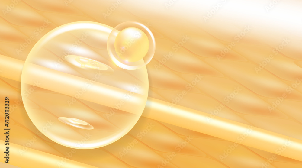Hyaluronic acid hair and skin solutions ad, gold collagen serum drops into skin cells with cosmetic advertising background ready to use, illustration vector. Hyaluronic acid hair and skin solutions ad, gold collagen serum drops into skin cells with cosmetic advertising background ready to use, illustration vector.