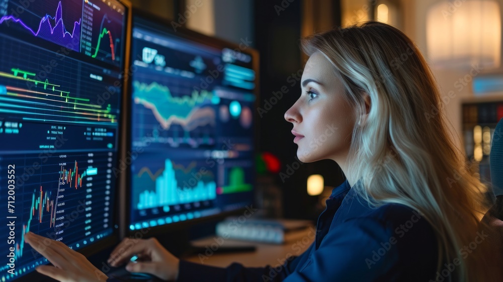A smiling young businesswoman with glasses is sitting behind a desk looking at a monitor with a stock market graph monitoring market prices. widgets displaying the weather and the news daily schedule. A smiling young businesswoman with glasses is sitting behind a desk looking at a monitor with a stock market graph monitoring market prices. widgets displaying the weather and the news daily schedule.