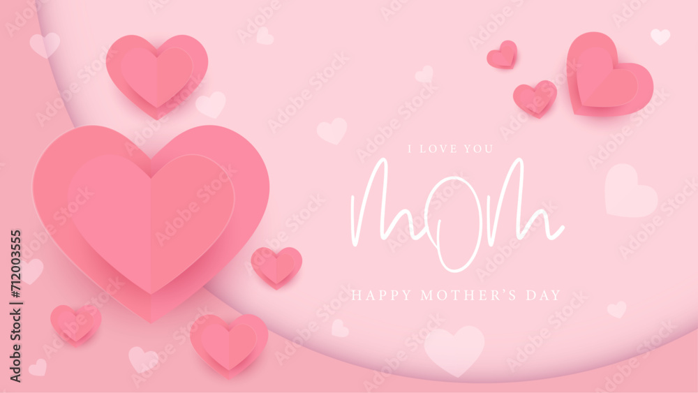 Pink vector illustration mothers day background with heart shaped balloons. Happy mothers day event poster for greeting design template and mother's day celebration