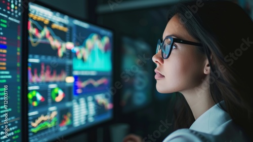 A smiling young businesswoman with glasses is sitting behind a desk looking at a monitor with a stock market graph monitoring market prices. widgets displaying the weather and the news daily schedule.
