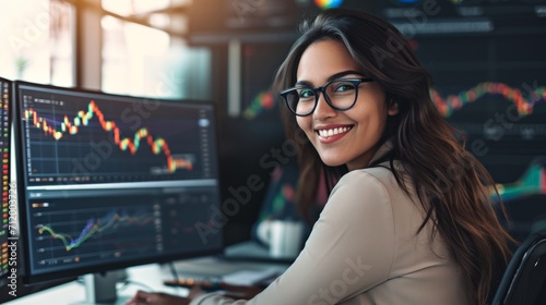 A smiling young businesswoman with glasses is sitting behind a desk looking at a monitor with a stock market graph monitoring market prices. widgets displaying the weather and the news daily schedule.