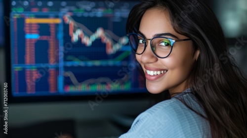 A smiling young businesswoman with glasses is sitting behind a desk looking at a monitor with a stock market graph monitoring market prices. widgets displaying the weather and the news daily schedule.