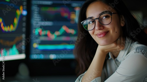 A smiling young businesswoman with glasses is sitting behind a desk looking at a monitor with a stock market graph monitoring market prices. widgets displaying the weather and the news daily schedule.