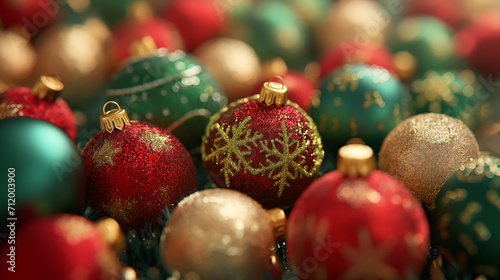 Christmas ornaments of red, green and gold background, wallpaper