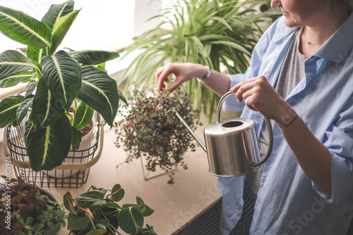 A young woman enjoys caring for flowers. Watering indoor plants and admiring them. photo