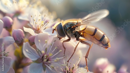 Hoverfly resting on a flower, background image, generative AI