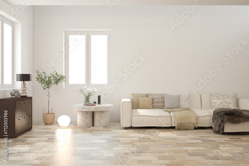 Fototapeta Naklejka Na Ścianę i Meble -  White scandinavian interior design with sofa. 3D illustration